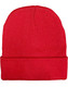 A red beanie with a ribbed texture and a rolled cuff, featuring a logo on the side.