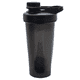 A drink bottle featuring a black shaker cup with a measuring scale and a flip-top lid. It includes a logo.
