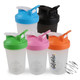 A drink bottle set featuring BPA-free shaker bottles in blue, black, green, pink, and orange, with a logo and mixing whisk.