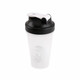 A drink bottle with a black lid and white body, featuring a logo and a flip-top spout, suited for fitness use.