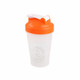 A drink bottle with a transparent body and an orange lid, featuring a logo on the side.