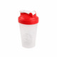 A drink bottle with a transparent body and a red lid, featuring a logo on the side.
