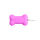 A pink silicone bone-shaped dog poop bag dispenser with a metal clip attached.