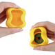 A yellow silicone dog poop bag dispenser shaped like a bone, being held in two hands.