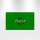 A green rectangular flag featuring a logo and text. The design includes a shamrock motif.