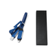A blue charging cable with an opener and phone stand, packaged in a sleek black box.