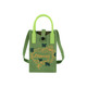 A green knitted phone crossbody bag with a handle, featuring floral designs and a strap for easy carrying.