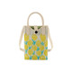 A knitted phone crossbody bag in white with a yellow tulip pattern and lightweight handles. Features a logo on the side.