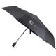 A black tipless umbrella with a logo, featuring a sleek design and sturdy frame.