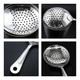 A stainless steel cocktail strainer featuring a long handle and a perforated bowl, displayed from multiple angles.