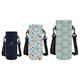 A drink bottle carrier set featuring navy blue, patterned light blue, and patterned green designs with adjustable straps.