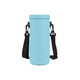 A drink bottle carrier in light blue with black adjustable straps and a branding logo.