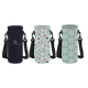 A drink bottle carrier featuring three designs: a navy blue, a geometric pattern, and a floral pattern, each with straps.