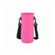 A drink bottle carrier in bright pink, featuring adjustable black straps and a logo. Ideal for leisure and outdoor activities.