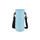 A drink bottle carrier in light blue, featuring a fabric exterior and adjustable black straps. It has a logo.