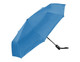 A blue fold-up umbrella features a black handle and a sleek design, ideal for portable use.