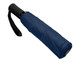 A navy fold-up umbrella with a black handle and a strap for easy carrying. It features a logo on the handle.