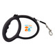 A retractable lead in black with a handle and a clip for attaching to a pet's collar. Features a logo.