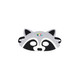 A grey and black raccoon felt mask with cut-out eyes and a logo. Adjustable black straps are attached.