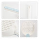A cat litter scoop with a white body and a light blue handle, featuring a slotted design for easy sifting.