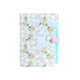 A pink expandable file folder featuring a floral pattern in white, yellow, and green, with a button closure.