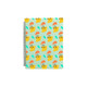 A loose-leaf folder featuring a mint green background with colourful abstract shapes in yellow, orange, and aqua, with a spiral binding.