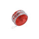 A red yoyo with a transparent casing, featuring an internal light mechanism. It has a string attached for use.