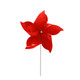 A five-leaf pinwheel in bright red, featuring glossy petals, mounted on a white stick.