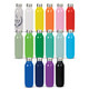 A drink bottle collection in various colours including white, yellow, green, blue, purple, and black, featuring a logo.