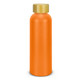 An orange drink bottle with a wooden lid and a small logo on the side.