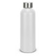 A drink bottle in matte white aluminium with a silver stainless steel cap and a logo.