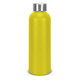 A drink bottle in bright yellow with a silver lid, featuring a smooth, matte finish and a logo.