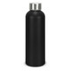 A drink bottle made of recycled aluminium, featuring a matte black finish and a stainless steel cap. It has a logo.