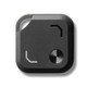 A black Bluetooth tracker featuring a metal button and a small opening, with a minimalist design.