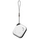 A square Bluetooth tracker in black and white with a loop for attachment. It features a small logo on the surface.