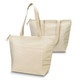 A cream-coloured cooler tote bag with a single strap and a large front pocket, featuring a logo.