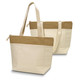 A cream cotton cooler tote bag with a brown fabric panel and long handles, featuring a zip closure and a logo.