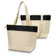 A cotton cooler tote in cream with a black top section and long handles, featuring a zipper closure and a simple logo.