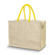 A beige cooler bag with yellow handles, featuring a zippered closure and a side pocket.