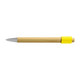 A bamboo pen with a shiny silver tip and a bright yellow grip. It features branding on the body.