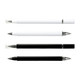 A collection of three dual-tip pens in white and black with clear caps and silver detailing.