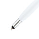 A white stylus pen with a silver tip and a black rubber end, featuring a branding logo.
