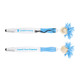 A pen stylus with a blue and white design, featuring a playful mop-top head and a logo on the barrel.