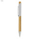 A bamboo pen featuring a wooden body and a white grip, with a silver clip and nib.