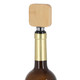 A drink bottle with a bamboo wine stopper opener, featuring a square top and metallic base.