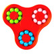 A red Dodi Fidget Spinner with green, blue, pink, and white balls arranged in three sections.