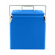 A blue retro metal ice cooler box with a silver handle, featuring a square design and lid.