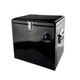 A black metal ice cooler box with chrome handles and clasps, designed for leisure and outdoor use.