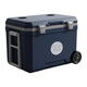 A navy blue rolling cooler box with a handle and wheels, featuring a logo and two cup holders on the lid.