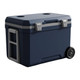 A navy blue rolling cooler box with a handle and wheels, featuring two cup holders on the lid.